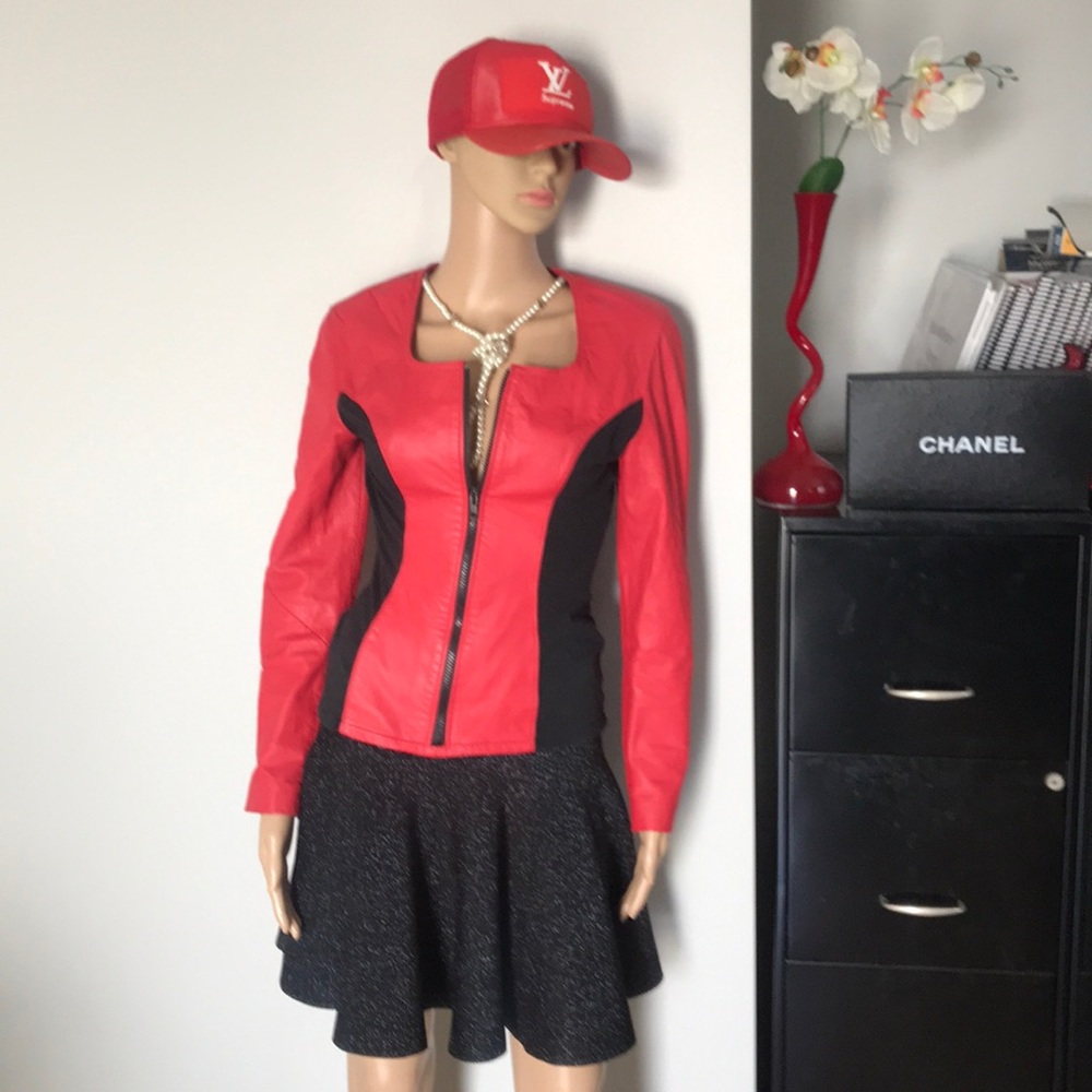 Red real leather top stretchy Small